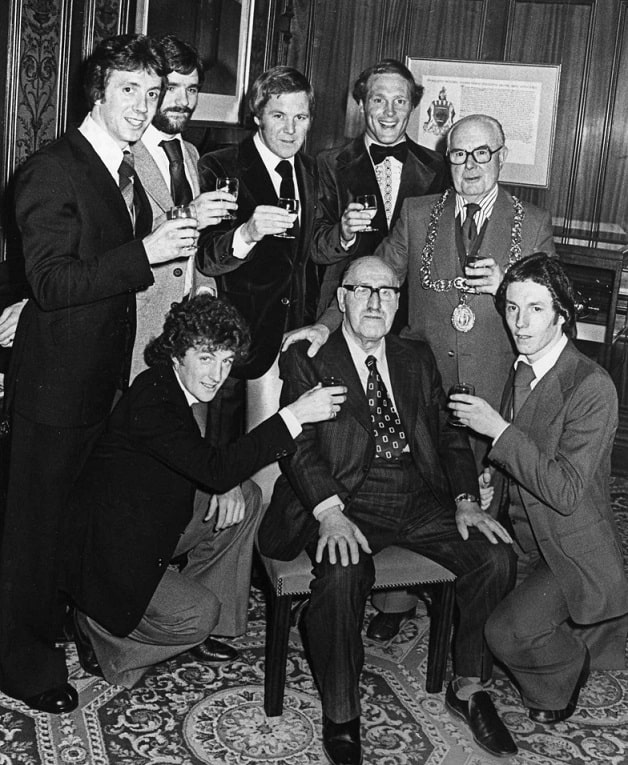 Clyde chairman Willie Dunn (seated) with players and staff during the club's Civic Reception in 1978